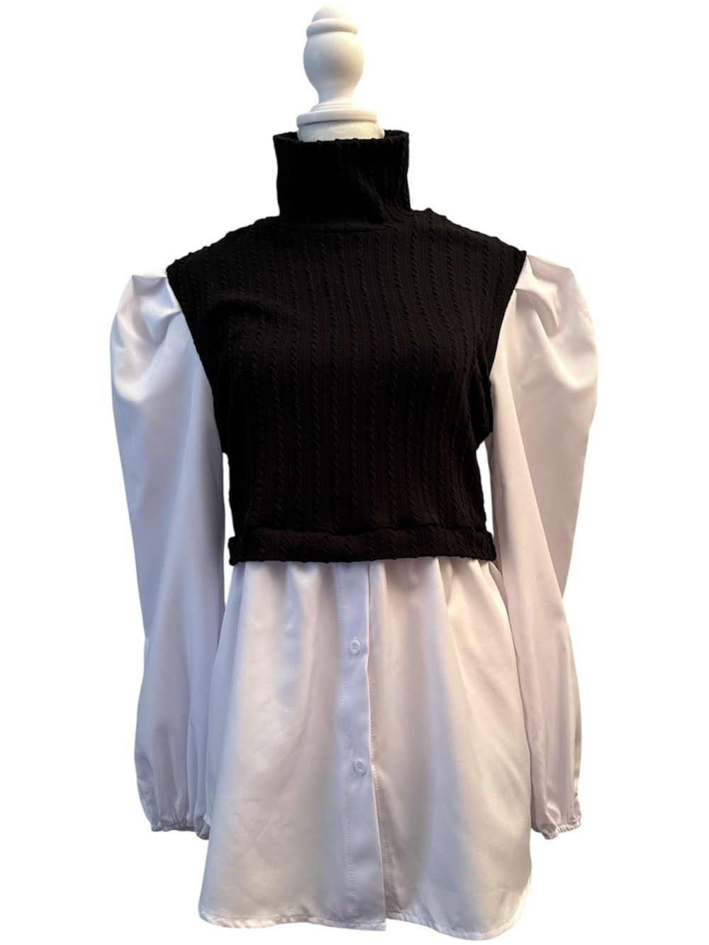 Black Knit Cropped Turtleneck Over White Button Down Shirt